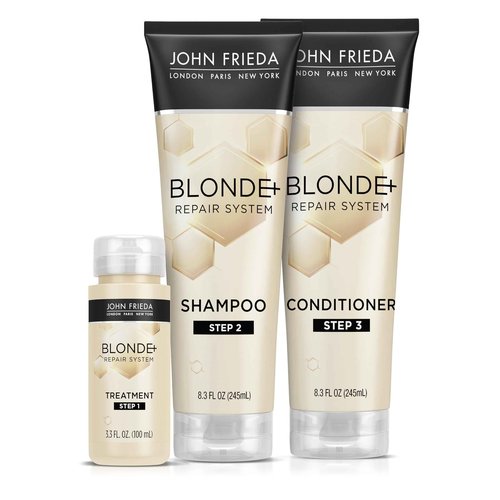 John Frieda Blonde+ Hair Repair System Bundle, Includes Full Repair System, Pre-Shampoo Treatment 3.3oz, Bond Building Shampoo 8.3oz, and Conditioner 8.3oz, Strengthens and Repairs Damaged Hair