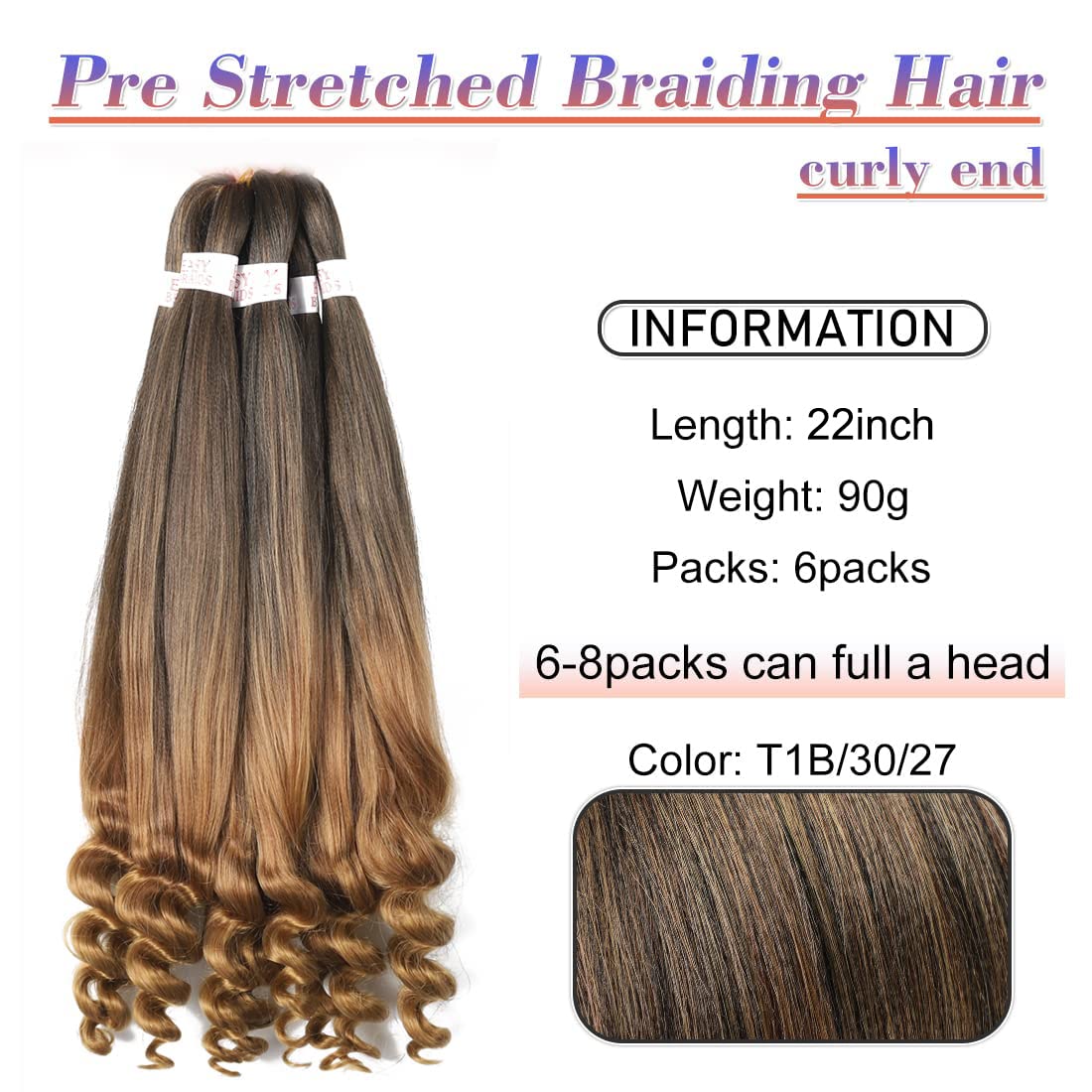 Braiding Hair Pre Stretched French Curly Braiding Hair Crochet Braids Natural Easy Braid Crochet Hair Hot Water Setting Professional Soft Yaki Straight Hair For Braiding (20inch（pack of 6）, 1B/30/27)