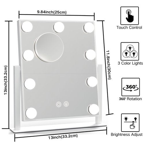 IBRIGHTSO Hollywood Vanity Mirror with Lights, Lighted Makeup Mirror with Lights, 3 Color Lighting Modes, Dimmable, 5X Magnification Mirror, Smart Touch Control,360°Rotation(12in, White)