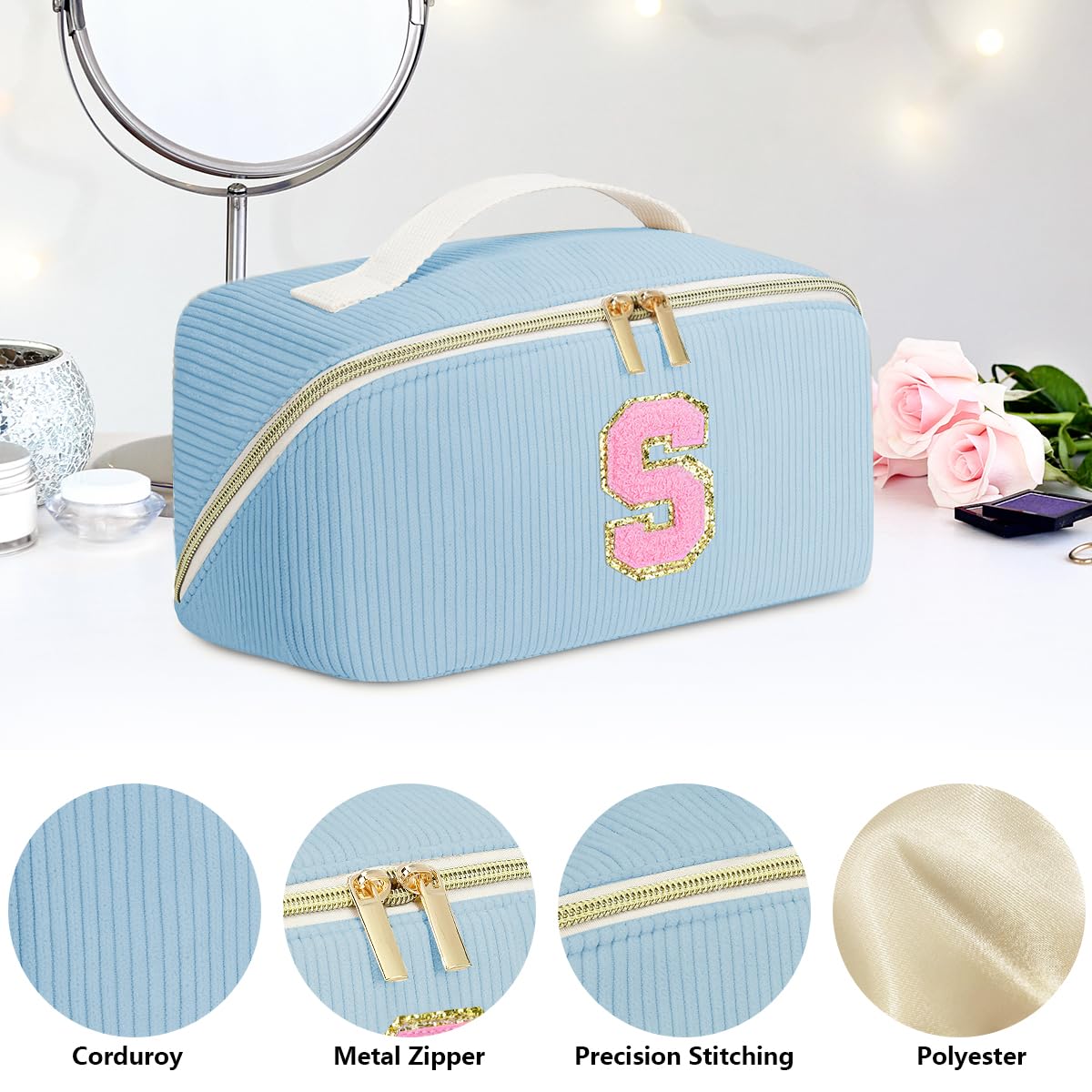 DTBG Personalized Cosmetic Bag, Inital Makeup Bag Birthday Gift Stuff Bag for Women Large Capacity Travel Make up Bag Pouch Cute Quilted Preppy Makeup Bag Gifts for Girls, Wife Blue - F