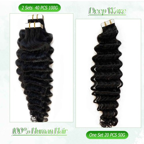 Deep Wave Tape in Hair Extensions Human Hair, 18 Inch Black Hair Extensions Real Remy Human Hair Curly Tape ins for Black Women,20pcs Double Sided Invisible Tape Hair Extension 50g/pack