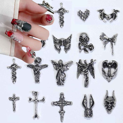 𝟯𝟬 𝗣𝗰𝘀 3D Nail Charms Halloween Skull Cross Wings Love Shape Silver Nails Charms Metal Vintage Nail Charm Nail Design Jewelry Decor Halloween Nail Glitters Charms for Nails Design DIY Decoration