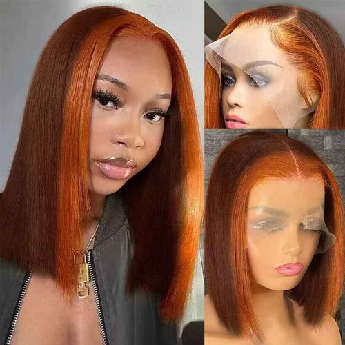 Ginger Orange Highlight Skunk Stripe Short Bob Wigs Human Hair Chocolate Brown Straight Bob Wigs Ombre 13x4 HD Lace Frontal Wigs Brazilian Virgin 150% Density Pre Plucked 8 Inch