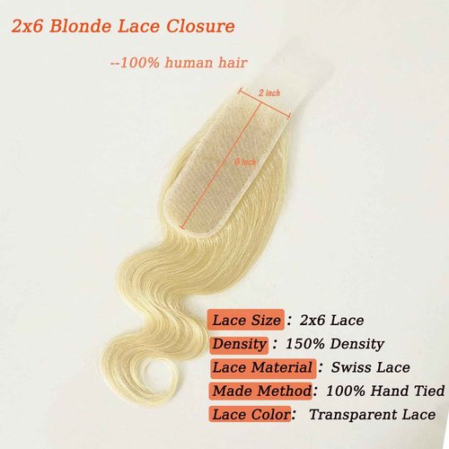 2x6 Blonde Closure Transparent Lcae Brazilian Virgin Remy Hair 10a Middle Part 613 2x6 Lace Closure Body Wave 100% Unprocessed With Baby Hair 12 Inch