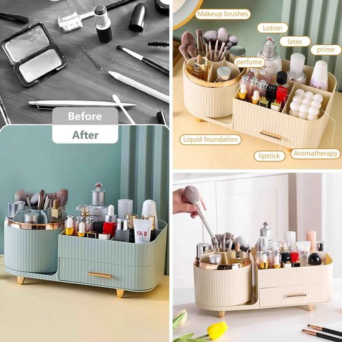 DASITON 360° Rotating Makeup Organizer with Drawers-Large Capacity Cosmetic Display Case for Skincare,Brushes,Eyeshadow&Lipstick(Cream)