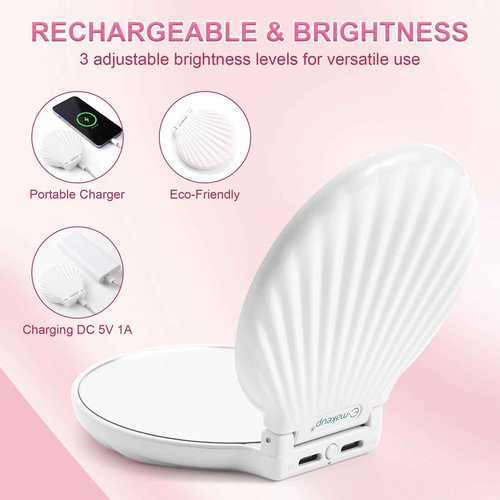 Compact Makeup Mirror with Lights Travel Vanity Mirror with Lights Small Compact Mirror 2x/10x Magnification & LED Lighted, Magnifying Mirror Portable Adjustable Rechargeable, White