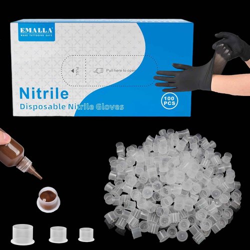Yangna Tattoo Ink Cups & Gloves Kit - 300pcs Mixed Size Ink Caps (11/14/17mm) + 100pcs Black Nitrile Tattoo Gloves Disposable Professional Tattoo Supplies for Artists & Apprentices