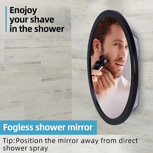 YoHumk Fogless Shower Mirror for Shaving and Makeup with 3 Removable Powerful Suction Cups, Shatterproof Anti Fog Mirror for Shower and Bathroom, Glassless Safety Kids Mirror (Black)