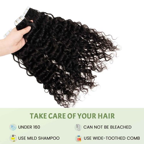 Curly Tape in Hair Extensions,14inch Natural Black Water Wave Real Human Hair Tape in Extensions 20pcs 50g Black Wavy Tape on Hair Extensions for Black Women
