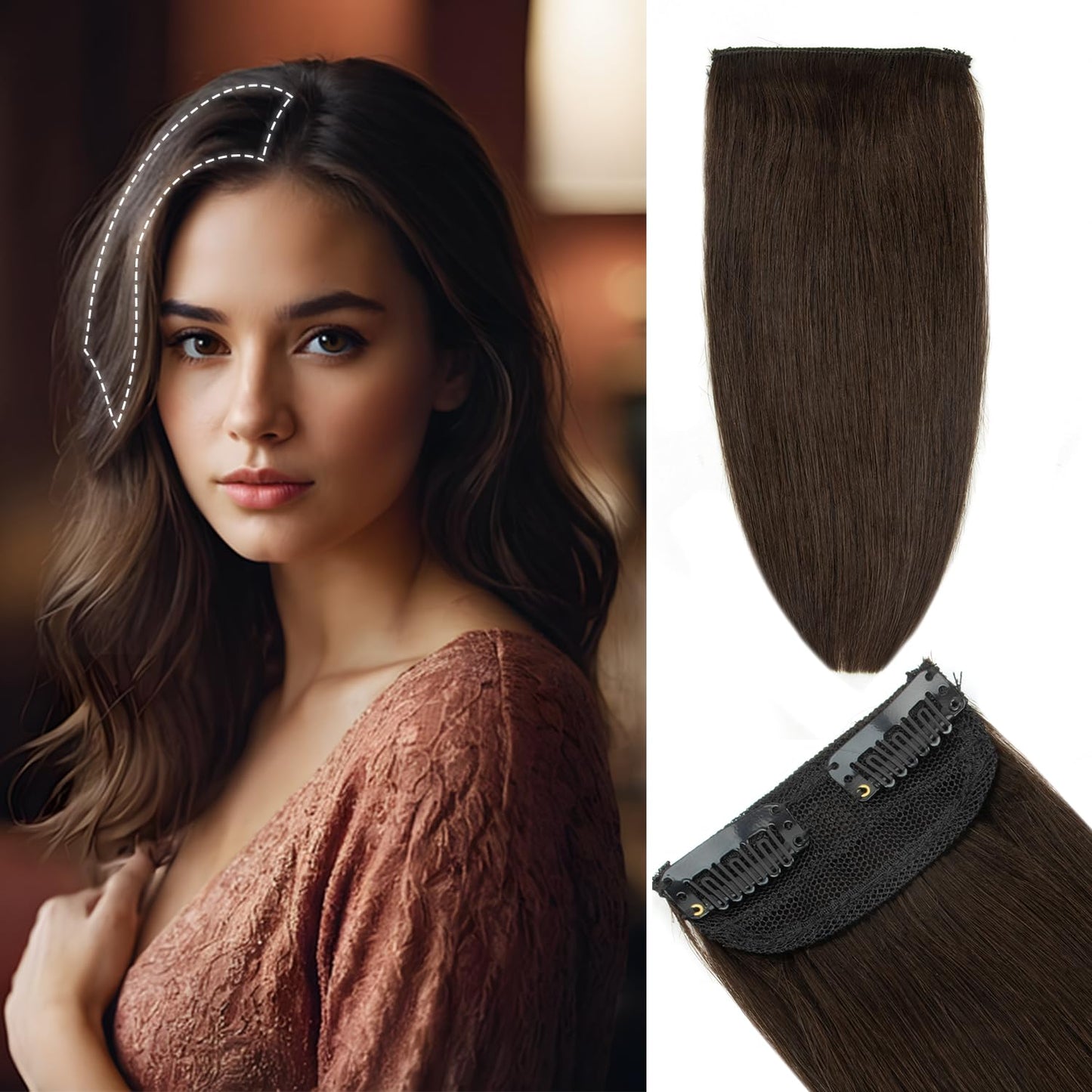 TANJET Human Hair Toppers for Women Straight Invisible Silky Soft Double Weft Lady Parts Frontal Bangs Toppers for Women Seamless Hair Extensions Clip in (#2 Dark Brown 12 Inch 17g/Pack 1pcs)