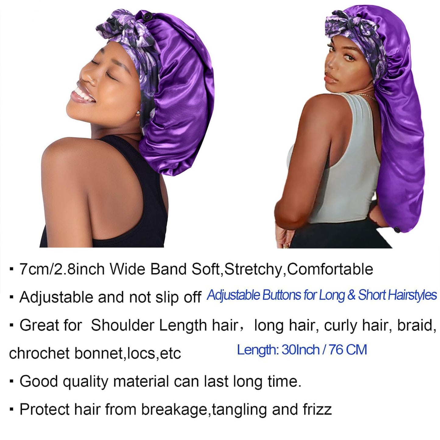 Isshin Beauty Satin Silk Bonnet Hair Cap: Long Bonnets with Elastic Tie Band Adjustable Straps Jumbo Size (Purple Flower)