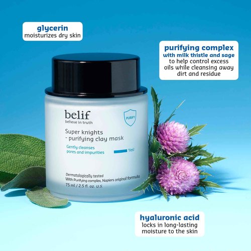 belif Super Knights Purifying Clay Mask, Hyaluronic Acid & Glycerin, Hydrating Wash Off Clay Face Mask, Pore Cleansing & Care, Targets Dryness, Oiliness & Uneven Texture, Korean Skin Care