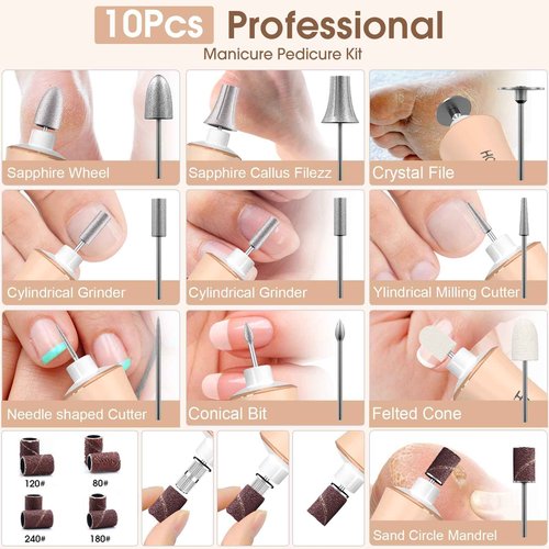 Professional Manicure Pedicure Kit with 360° LED Light&10 Speeds&Memory Mode with Case, Cordless Electric Nail Drill, Pedicure Tools for feet,Hand Foot Care Nail File for Thick Nail Toenail Cuticle