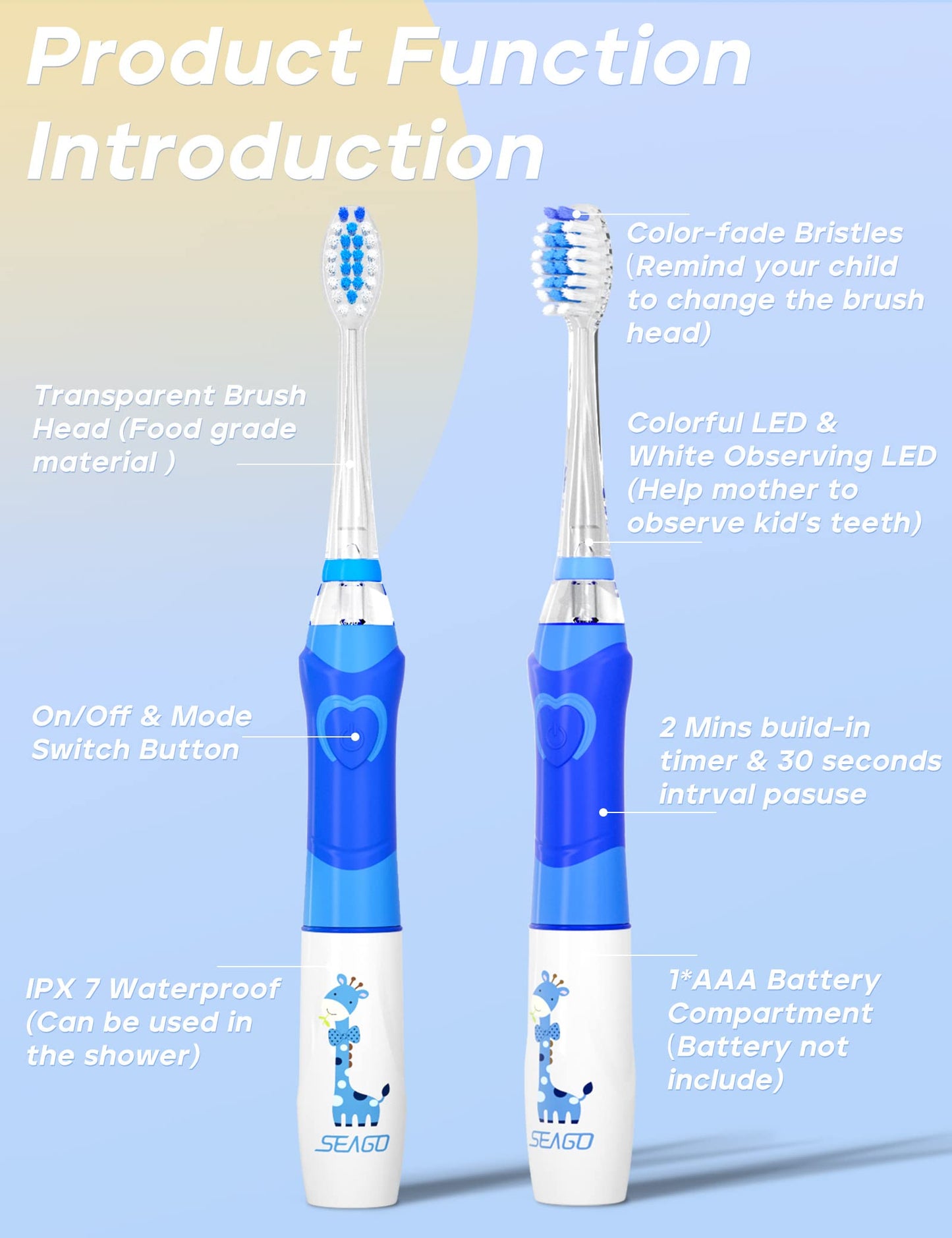 SEAGO Kids Electric Toothbrush with 2 Mins Brushing Timer and 8 Replacement Bursh Heads,Rainbow LED Light Make Brushing Fun, Blue Color Boys Battery Powerd Toothbrush for 4-12 Years Old