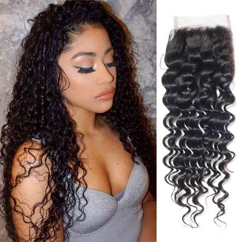 4x4 Hd Lace Closure Human Hair 20 Inch Free Part Deep Wave Closure Virgin Remy Curly Human Hair for Women Transparent Lace Closures Pre Plucked Natural Black
