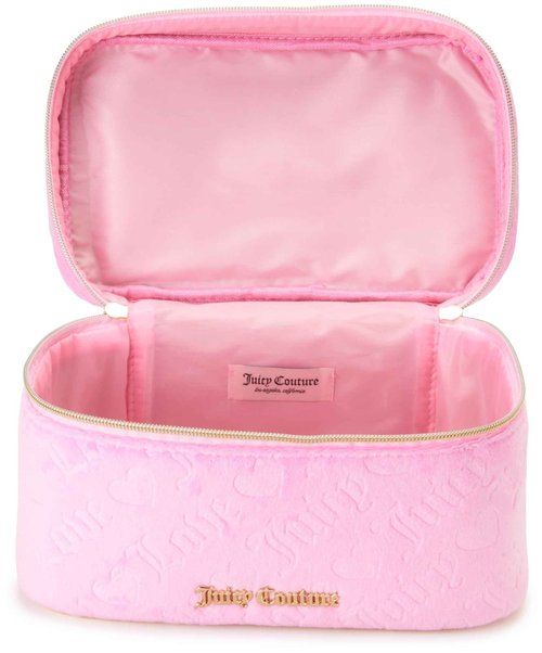 Juicy Couture Pink Makeup Bag Cosmetics Organizer Travel Essentials Train Case Velour Heart Logo
