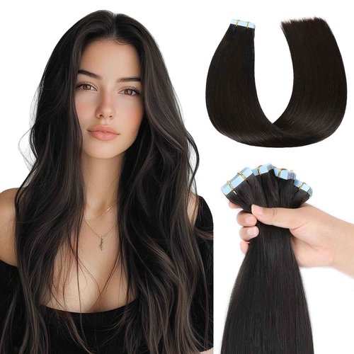 Missme Tape in Hair Extensions Human Hair 16 inch 20 Pcs 40g #1B Natural Black Tape ins Human Hair Extensions Remy Hair Skin Weft Seamless Invisible Silky Straight Thick Ends Add Length