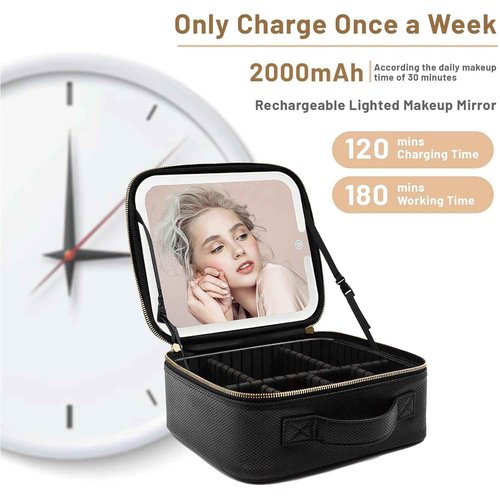 PRALENA Portable Travel Cosmetic Bag with LED, 3-color Adjustable Cosmetic Organizer, Women's Cosmetic Case, Mirror Makeup Bag Case Rechargeable (Black)