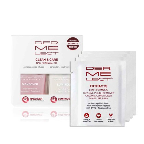 Dermelect Clean & Care Nail Renewal Kit – Nailcare Treatment Set with Ridge Filler, Nail Brightener & Polish Remover Wipes – Strengthens, Brightens & Restores Damaged, Discolored, Weak Nails