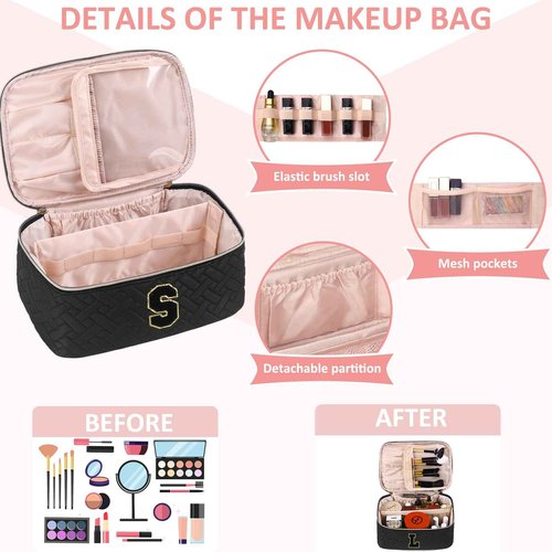 JRQCSJY Gifts Initial Makeup Organizer Bag for Girls, Chenille Letter Personalized Cosmetic Bag with Zipper | Preppy Quilted Portable Makeup Pouch Teen Birthday Gifts (A, Balck)