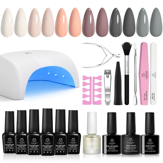 Beetles Gel Nail Polish Kit with U V Light, Fall Gel Nail Polish 6 Colors 21Pcs Nude Gray White Gel Polish Starter Kit for Women, Soak off LED Gel Polish Set DIY Manicure Home Nail Essentials