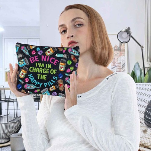 G2TUP RX Pharmacy Technician Funny Makeup Bag I am in Charge of the Happy Pills Gift for Pharmacy Graduation (Be Nice I am New)