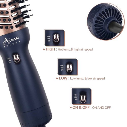 Aima Beauty Worldwide Travel Hair Dryer Brush 110-240V Dual Voltage Blow Dryer Brush Hot Air Brush Oval Barrel 360° Hot Airflow, Negative Ionic Frizz-Free Dry/Straightening/Voluming,Prussian Blue