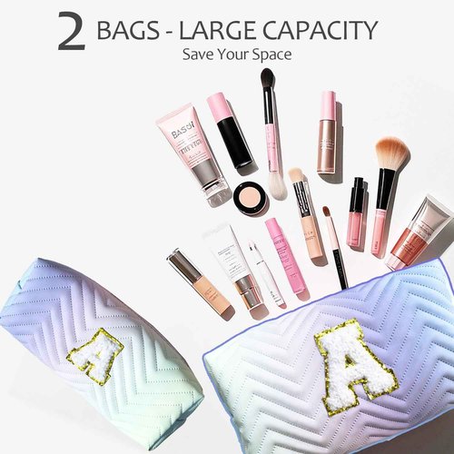 2-Pack Quilted Makeup Bag Set – Cute Cosmetic Pouch for Travel, Toiletries, Purse & Organizer – Large Small Zipper Makeup Bags, Personalized Initial Gift for Women, Teens, Girls, Pink M