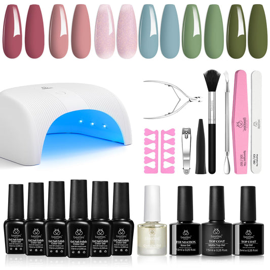 Beetles Gel Nail Polish Set with UV Light 36W Led Nail Lamp 6 Colors Pink Green Blue Glitter Spring Gel Polish Starter Kit Soak off UV Led Manicure Salon DIY Home Gifts for Women