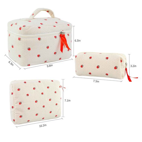 GISMTR 3PCS Makeup Bag Set, Quilted Cosmetic Bag, Large Travel Aesthetic Make up Bag, Cute Coquette Toiletry Bag for Women Girls