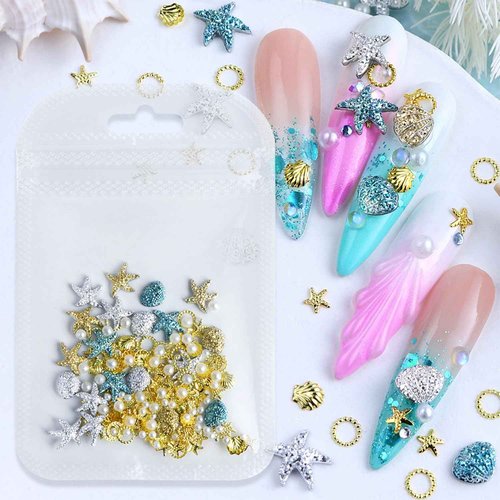 Summer Beach Sea Shell Nail Studs 3D Gold Silver Blue Starfish Nail Charms with Pearls Ocean Theme Resin Charms for Women Manicure Supplies Decorations DIY Craft Jewelry