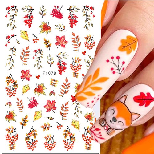Fall Maple Leaf Nail Stickers - 3D Self-Adhesive Autumn Nail Art Decals with Squirrel & Pumpkin Designs, Thanksgiving/Halloween Nail Supplies for Women Girls, 4PCS DIY Manicure Stickers