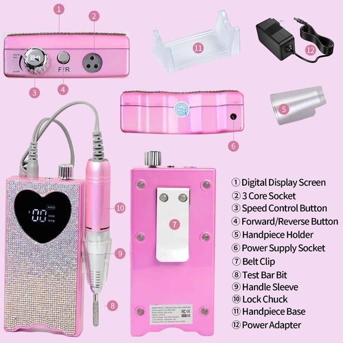 Professional Electric Nail Drill File: YZZSEVEN Rhinestone Portable Cordless 35000 RPM, Rechargeable Nail File for Acrylic Nails Gel Polishing Removing, File Nail Kit for Manicure Salon Home(Pink)
