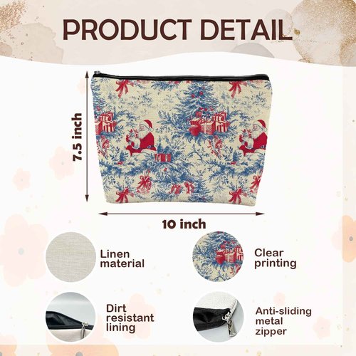 ignytiger Vintage Blue Chinoiserie Christmas Santa Makeup Bag, Santa Gifts Cosmetic Bags for Women, Grandmillennial Christmas Canvas Makeup Bag Santa Holiday Gifts Zipper Pouches for Purse