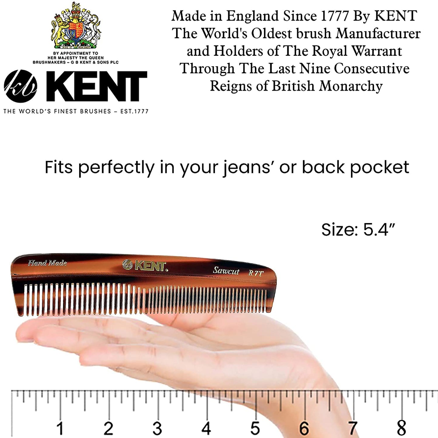 Kent R7T THE APSLEY Limited Edition Double Tooth Hair Pocket Comb, Small Fine/Wide Tooth Comb for Styling Hair, Beard and Mustache for Men, Women and Kids. Saw Cut Hand Polished. Handmade in England