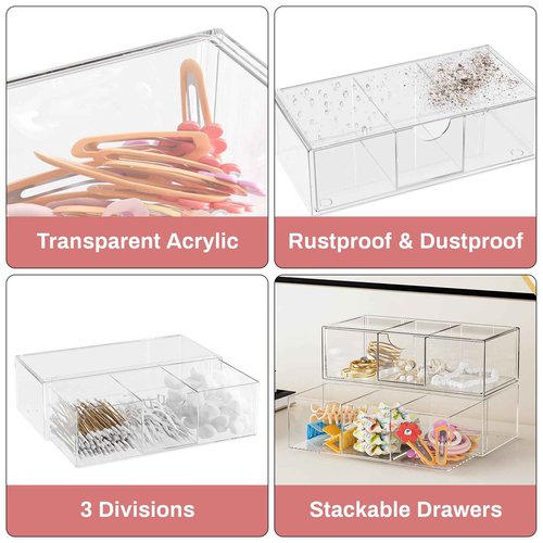 Hair Accessories Organizer for Girls, Clear Acrylic Hair Bow Tie Clip Scrunchie Holder with Removable Divider, Cute Small Stackable Storage Drawer Container Caddy Box for Bathroom Vanity Countertop
