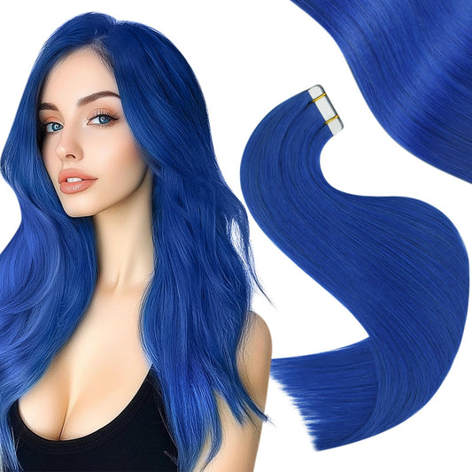 Easyouth Blue Tape in Hair Extensions Human Hair Tape ins Extensions Human Hair Colored Blue Tape in Extensions Real Human Hair Silky 14Inch 20g 10pcs