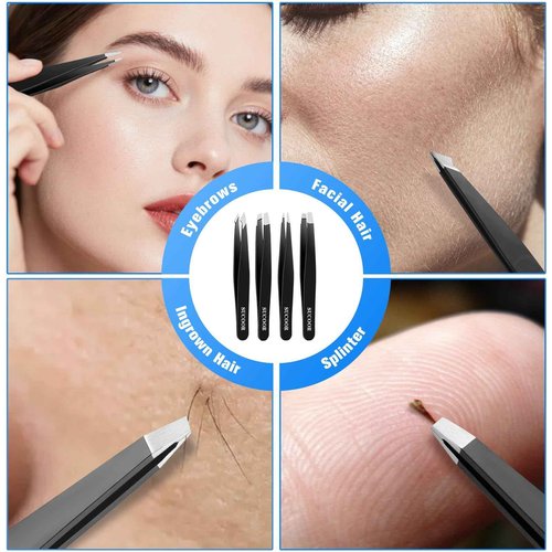 SUCOOR Tweezers for Women Facial Hair, 4Pcs Professional Beauty Tools Stainless Steel Precision Eyebrow Tweezers for Splinter Blackhead and Ingrown Hair Removal, Black