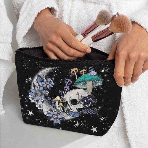 Ayxvt Gothic Hippie Skull Moon Mushroom Botanical Leaf Starry Night Corduroy Cosmetic Bag Decorative Women's Makeup Bag Zipper Pouch Travel Toiletry,Gifts for Skull Lovers Women Girls（Corduroy）