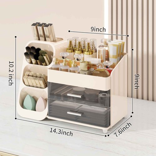 Dimcapo Makeup Organizer for Vanity,Vanity Organizer with Drawers and Brush Holder,Bathroom Make Up Organizer Countertop,Large Cosmetic Organizer for Skincare, Perfume,Lipsticks,Nail Polish (Cream)