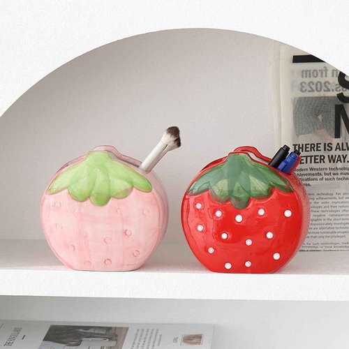 TANG SONG Ceramic Strawberry Make up Brush Holder Cosmetic Storage Box Pen and Pencil Holder Desktop Organizers (Pink)
