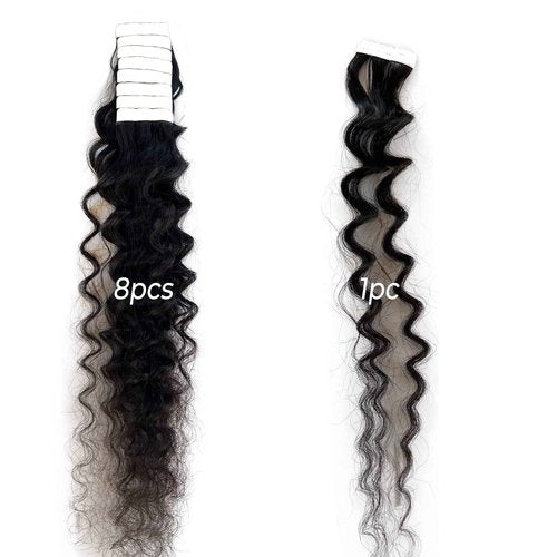 Deep Wave Tape in Hair Extensions Human Hair, 18 Inch Black Hair Extensions Real Remy Human Hair Curly Tape ins for Black Women,20pcs Double Sided Invisible Tape Hair Extension 50g/pack