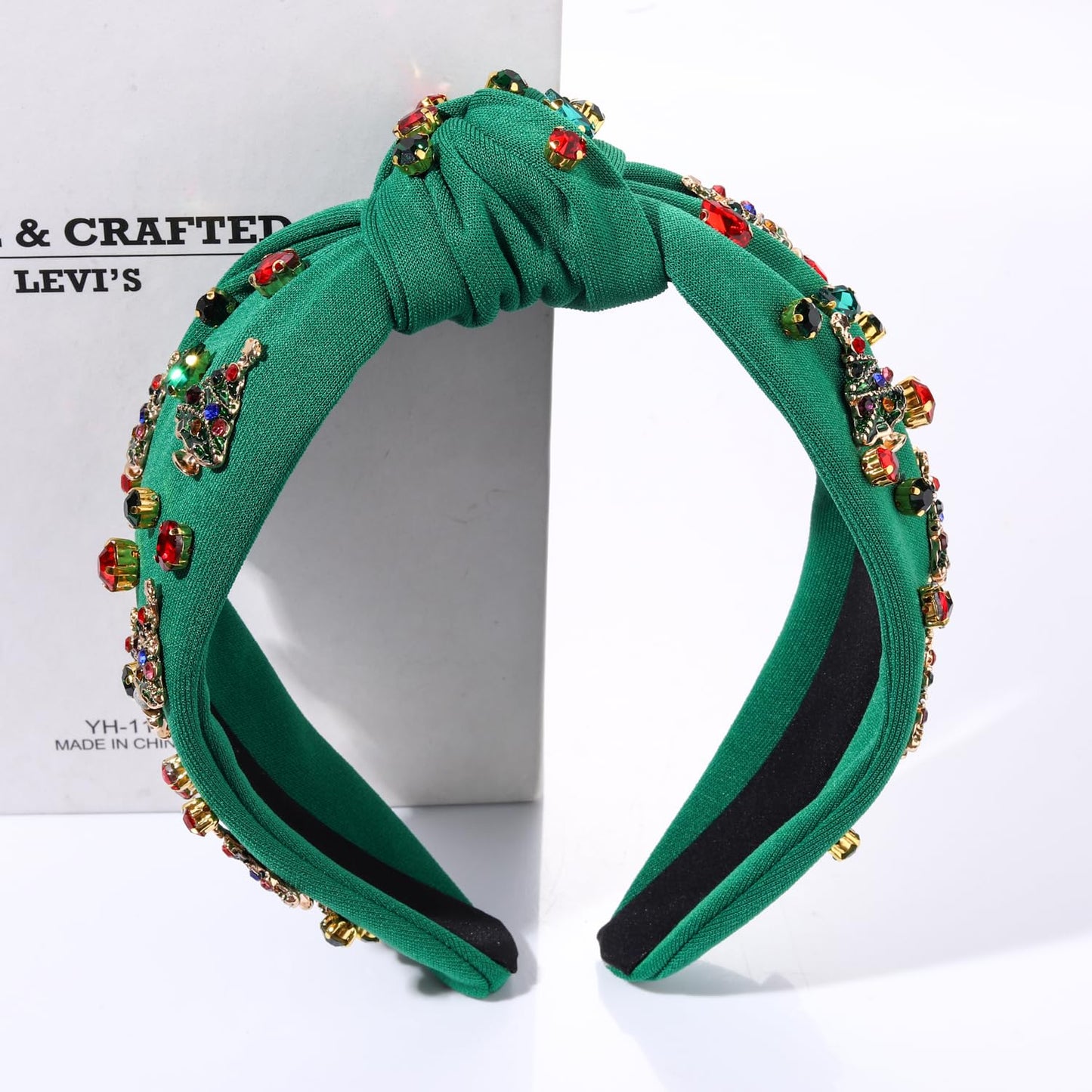 Christmas Headband for Women Jeweled Xmas Plaid Headband Embellished Crystal Pearl Knotted Headbands Wide Top Knot Holiday Headband Christmas Hair Accessories Holiday Outfits Gifts (Christmas Tree 2)