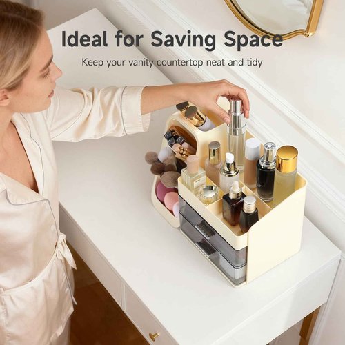Delamu Big Makeup Organizer with Drawers, Spacious Cosmetic Display Caddy with Makeup Brush Holder, Bathroom Countertop Organizer for Vanity, Dorm, Desk, Beige
