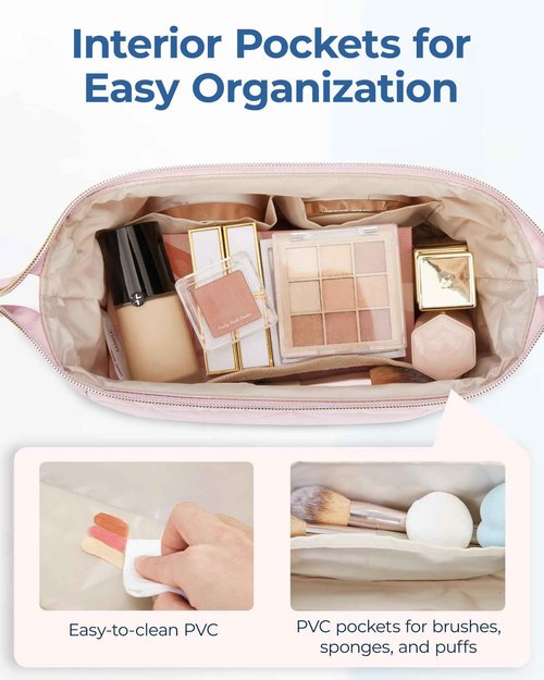 BAGSMART Makeup Bag Travel Makeup Bag, Cute Puffy Make Up Bag, Wide-open Cosmetic Bags for Women, Small Makeup Pouch for Travel Essentials Toiletries Accessories (Black)