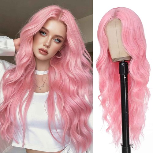 Angzon Long Pink Wavy Wig Middle Part for Women 26 Inch Light Pink Curly Wavy Wigs Natural Looking Synthetic Heat Resistant Fiber Wig for Daily Party Use
