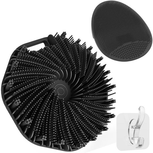 Manmihealth Silicone Handheld Manual Facial Cleansing Brush & Silicone Body Scrubber Shower Brush with Non-Slip Hand Strap Set 2 PCS, Deep Cleansing Face Body Scrubber with a Free Hook (Black*2)