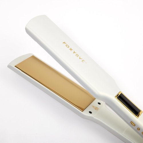 FoxyBae Flat Iron Hair Straightener - 1.75" TRÉS Sleek Grande Wide Plate Titanium Flat Iron - Dual Voltage Portable Hair Straightener for Frizz Free, Shiny & Smooth [Pearl-White Gold]