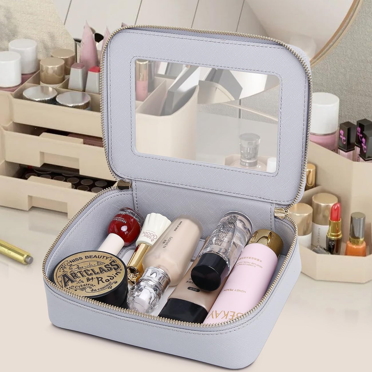 Pinkmik Clear Makeup Bag Travel Case Portable transparent Cosmetic Bag Case Clear Travel Toiletry Makeup Bag for Car with Zipper for Women (P/Gray, M)