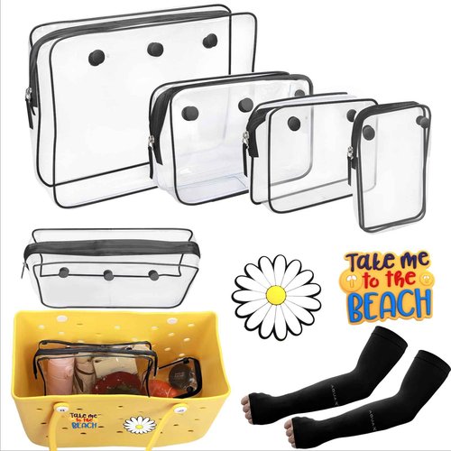 Retooler 4 Packs Clear Bogg Bag Accessories with a Pair of Arm Sleeves and 2 Packs Decoration Charms for Bogg Bag Beach Tote Bag Travel Cellphone Makeup Clean Toiletry Brush Cosmetic Organizer- Black
